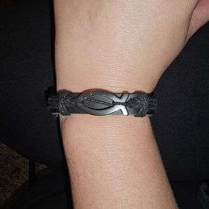 Black Leather Bracelet with Silver Fish Charm
